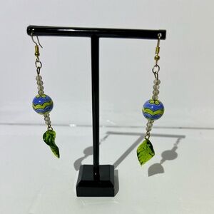 Handcrafted Blue & Green Leaf Dangle Earrings 2.9 Length Pre-Owned